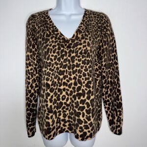 Talbots 100% Cashmere V-Neck Sweater Women L Leopard Print Old Money Mob Wife